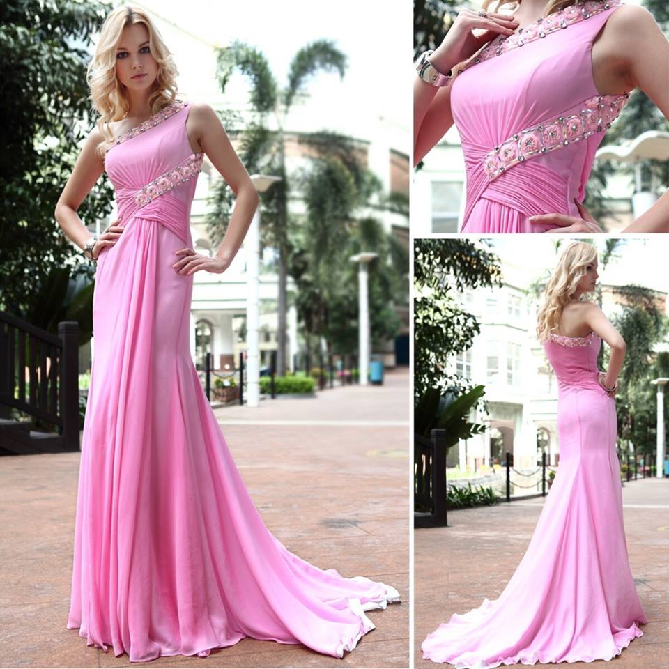 pembe tek omuz uzun belden bağlamalı elbise