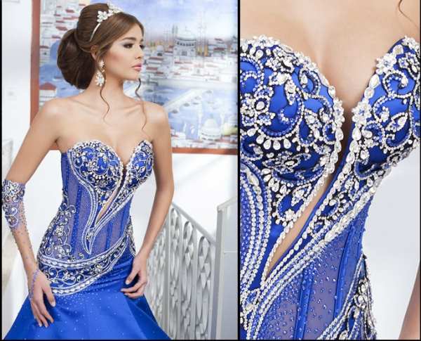 saks mavi gümüş işlemli straplez abiye elbise modeli